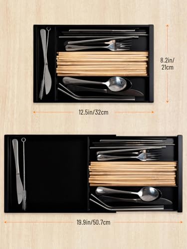 Adjustable Black Silverware Drawer Organizer - Expandable Utensil Tray