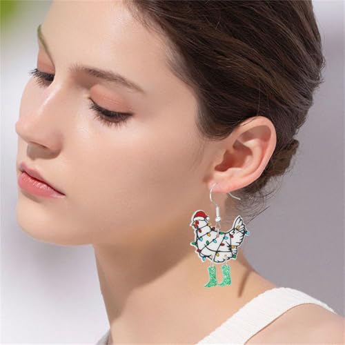 Christmas Earrings for Women - Green Christmas Chicken - Festive Santa Tree Cat Dinosaur Acrylic Holiday Jewelry