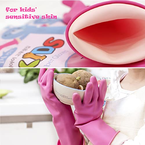 Myungjin Pink Kids Reusable Waterproof Rubber Latex Gloves - 2 Pairs for Cleaning & Painting