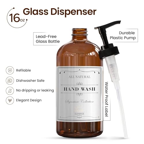 Sunrise Premium 16 oz Amber Glass Soap Dispenser Set with Black Plastic Pump