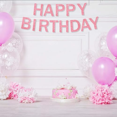 Pink Happy Birthday Banner with Ribbon - Glitter Party Decoration