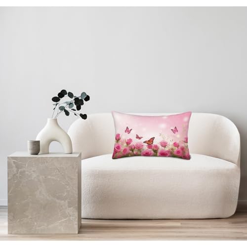 Roses Butterfly Throw Pillow Cover 20x30 Inches - Floral Accent