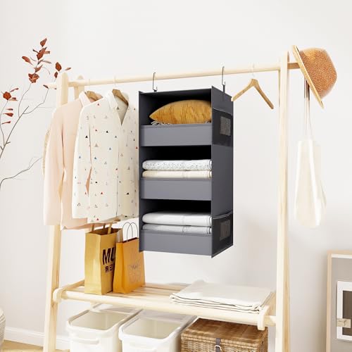 Bosuelife Dark Gray 3-Shelf Hanging Closet Organizer, Foldable & Washable Storage