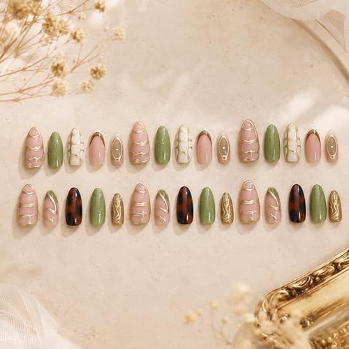Medium Almond Press on Nails 30Pcs Green Glitter Gilded Lines False Nails