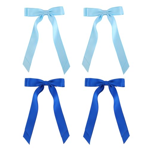 Penitue Blue Satin Hair Bow Clips with Long Tail, 4 Pack