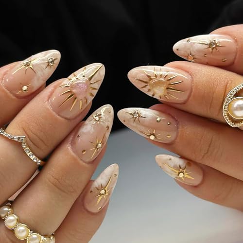 CEWEWP Almond Press on Nails French Tip with 3D Gold Star Rhinestones Glossy Nude False Nails 24Pcs
