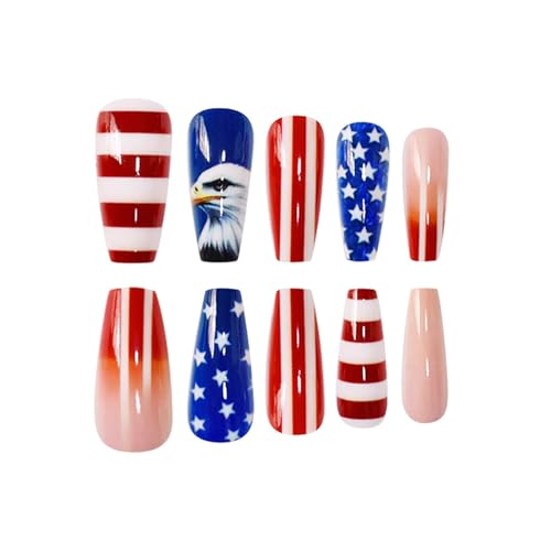 ASABITE Independence Day Long Coffin Press On Nails - 24 Pcs Patriotic Fake Nails with Star and Stripe Design