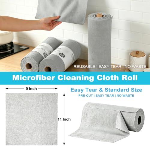 Grey 55-Pack Microfiber Cleaning Cloth Roll - 9x11 Inch Reusable & Lint-Free for Car, Kitchen & Home Cleaning