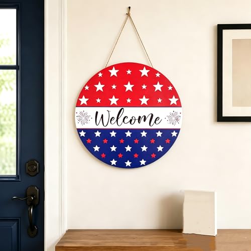 4th of July Patriotic Wooden Wreath for Front Door Decor