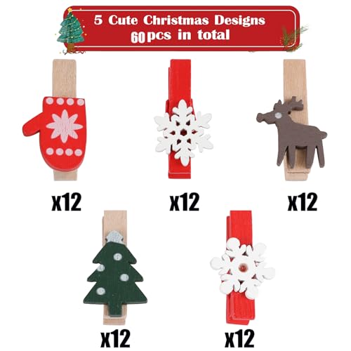 Multicolor Christmas Wood Clips 60pcs Snowflake Reindeer Tree Clothespins Craft Decorations