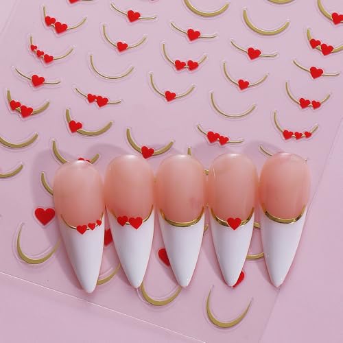 Valentine's Day Heart Nail Art Stickers - 6 Sheets 3D Self-Adhesive French Tip & Red Hearts