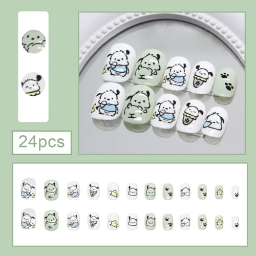 Green Short Press on Nails Kawaii Anime Acrylic False Nails Kit