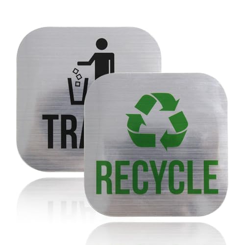2 Pack Square Magnetic Recycle and Trash Bin Stickers, Brushed Silver