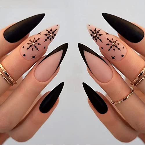 LETSWIN Black Snowflake Almond Press on Nails with Rhinestones 24 Pcs