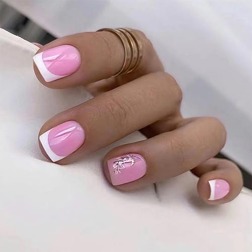 Short French Tip Press on Nails with Pink Flower Design False Nails