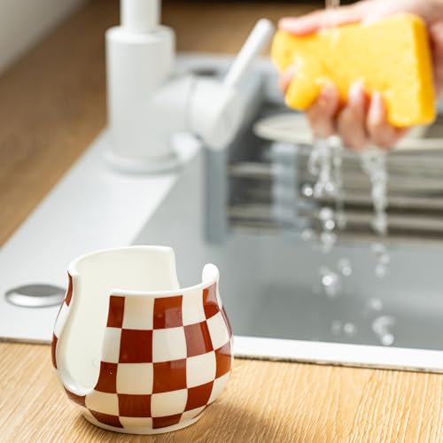 Zoeeker Ceramic Sponge Holder, Checkered Barrel-Style Sink Caddy (Brown & White)