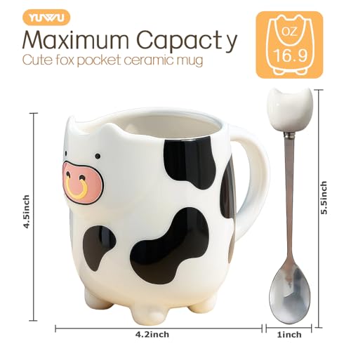 White Cow Mug with Built-in Tea Bag Holder & Spoon - 17oz Ceramic Animal Cup