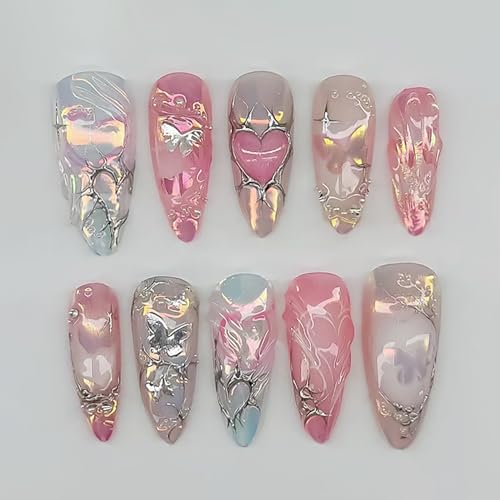Pink Heart Press on Nails Medium Valentines Fake Nails with 3D Butterfly