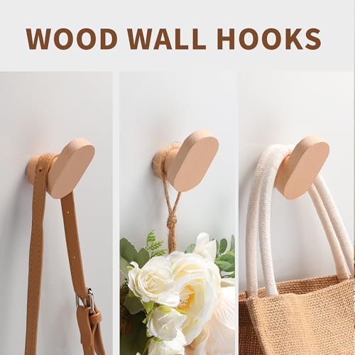 DELITON 4 Pack Solid Beech Wood Wall Hooks - Natural Wood Screw-In Coat Hanger
