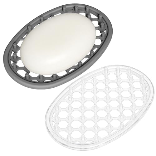 Langierspur Silicone Soap Holder 2-Pack, Self-Draining Soap Dish (Grey/Clear)