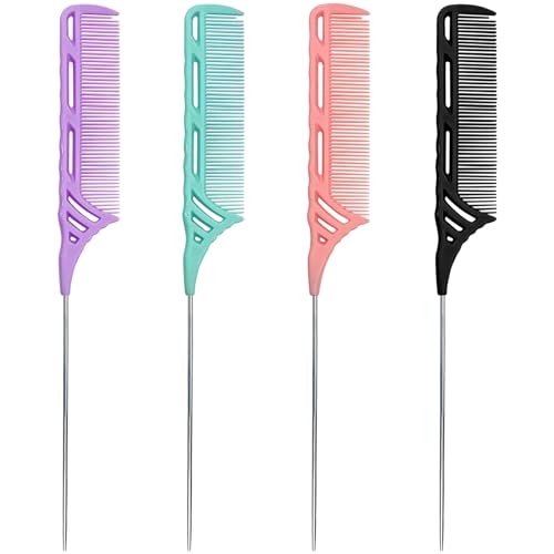Kootinn 4 Pcs Rat Tail Comb Set with Metal Needle Stem for Hair Styling