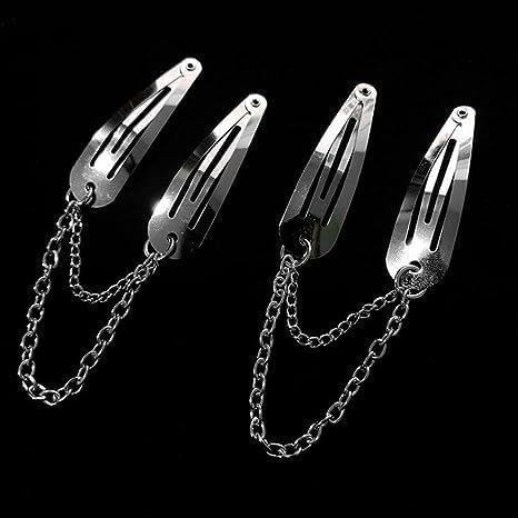 Czhotg 4Pcs Silver Metal Snap Hair Clips with Chain Cross & Heart Pendants