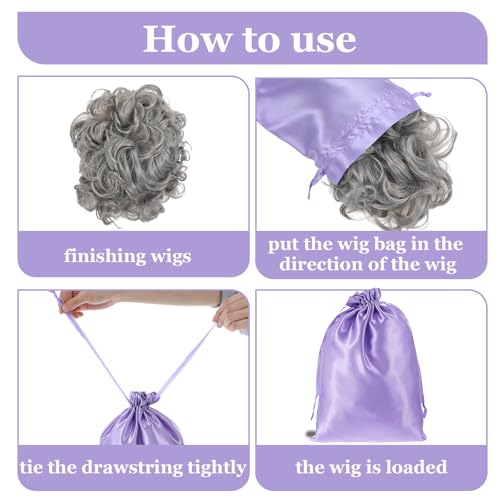 Satin Wig Storage Bags with Drawstring - Purple Hair Extension Pouches 4 Pack