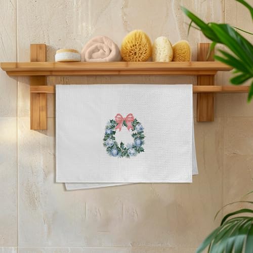 Christmas Wreath Coquette Chinoiserie Kitchen Towels Set of 2 - Pink, Blue & White, 16x24 Inches, Wreath Variation