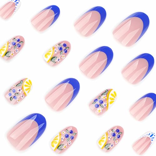 BABALAL Short Oval Press on Nails Blue French Tip with Lemon Design
