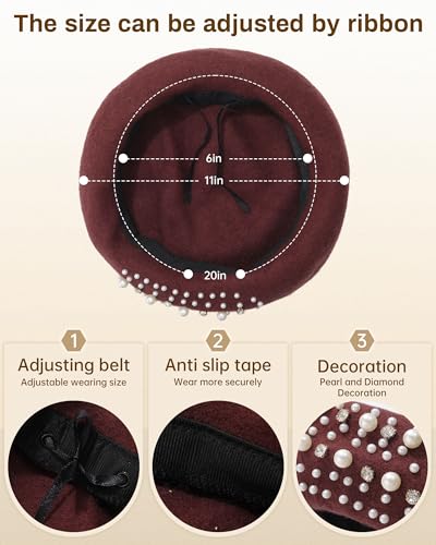 AWAYTR French Wool Beret Hat with Pearls & Rhinestones for Women