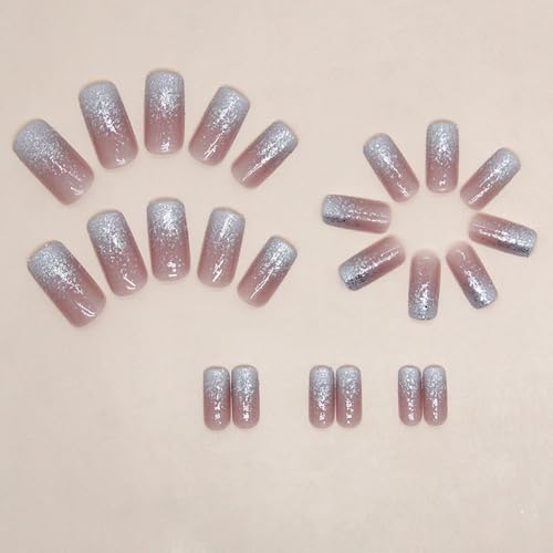 Square Press on Nails Ombre White Fake Nails with Bling Glitter Design