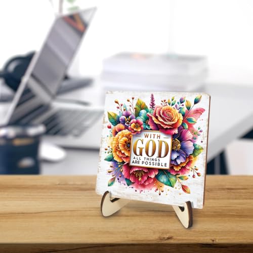 Inspirational Floral Wood Sign for Desk Decor - 5.1" Christian Gift