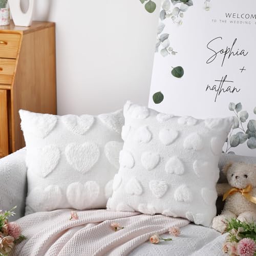 Beige Valentine's Day Heart Throw Pillow Covers 18x18 Inch - 2 Pack, Plush Faux Fur Jacquard Love Pillow Cases for Home & Living Room Decor