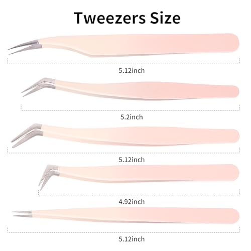 5 Pcs Lash Extension Tweezers Set - Stainless Steel Straight and Curved Tools