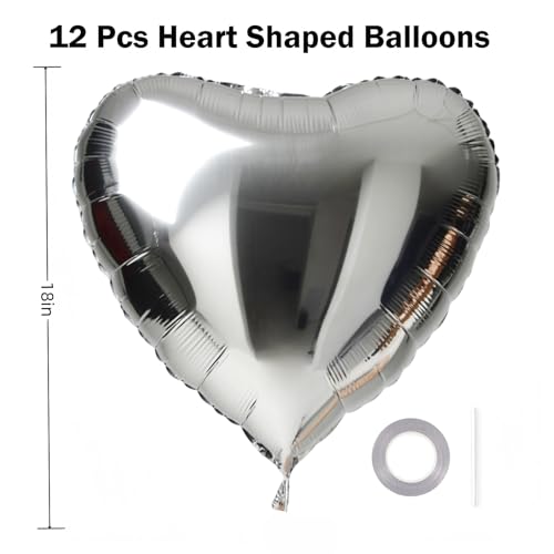 12 Pack 18 Inch Silver Heart Balloons for Valentine's Day & Weddings