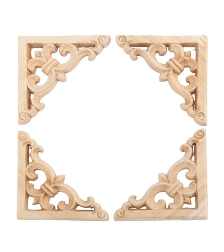 MUXSAM 4Pcs Wood Carved Appliques Onlays - Unpainted Wooden Corner Decals for Furniture, Cabinets, and Walls (8x8cm)