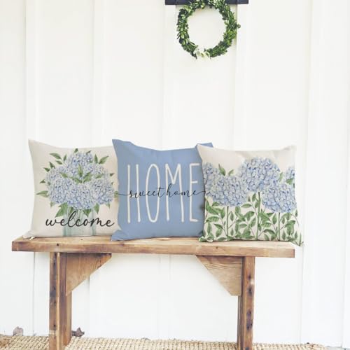 PANDICORN Blue Hydrangea Throw Pillow Covers Set of 4 - 16x16 Inch Spring Decor