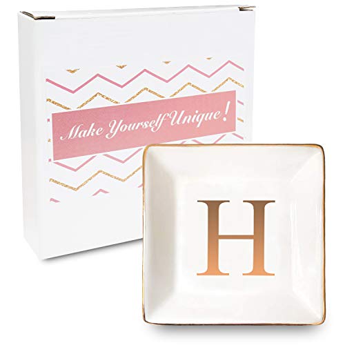 ANOTION Ceramic Jewelry Tray Ring Dish with Gold Initial Personalized Gift