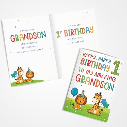 Cute Jungle Animal 1st Birthday Card for Grandson - A5 Premium