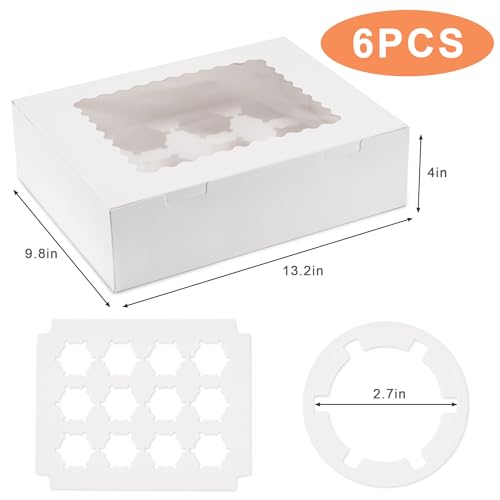 Hoewina White 6PCS Cupcake Boxes with Window - Holds 12 Cupcakes