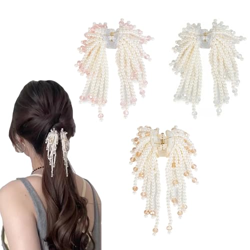 Agirlvct Pearl Tassel Hair Claw Clips Rhinestone Hair Pins 3 Pcs