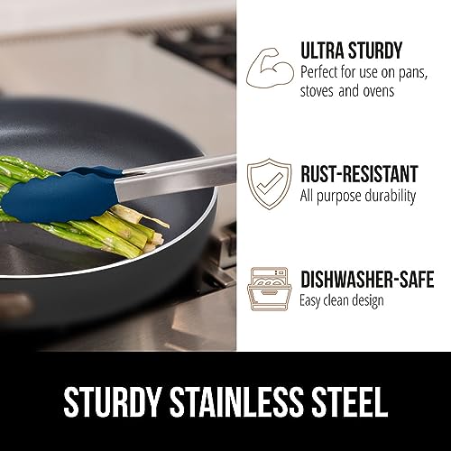 GORILLA GRIP Stainless Steel Kitchen Tongs, 7" & 9" Set, Blue Silicone Heads