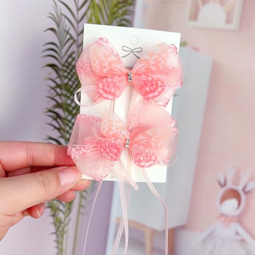 Pink Butterfly Hair Bow Barrette with Long Tassel Ribbons for Girls