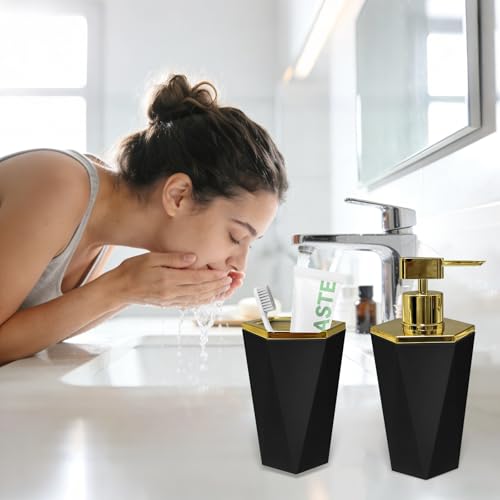 2 Piece Black Plastic Bathroom Accessories Set - Soap Dispenser & Toothbrush Holder