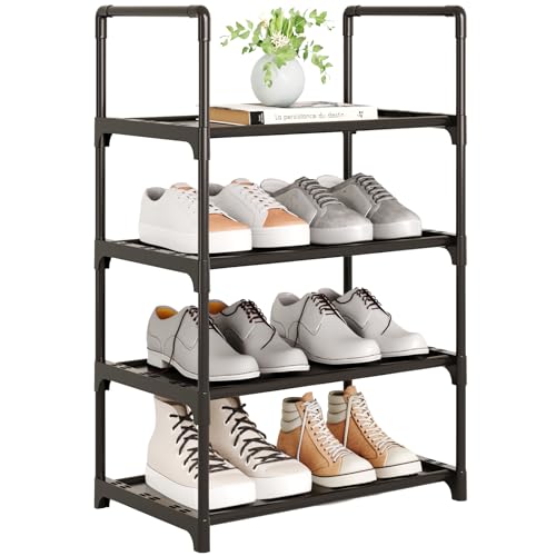 4-Tier Stackable Small Shoe Rack with Handle - Black Organizer