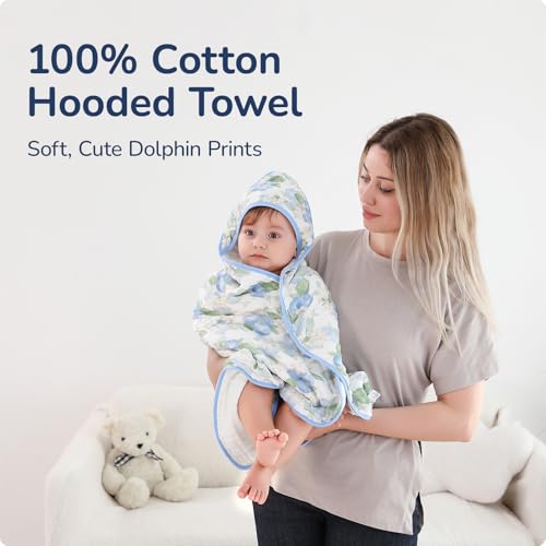 Baby Hooded Towel 2 Pack - Floral & Blueberry, Ultra Absorbent Muslin - 32x32 Inches