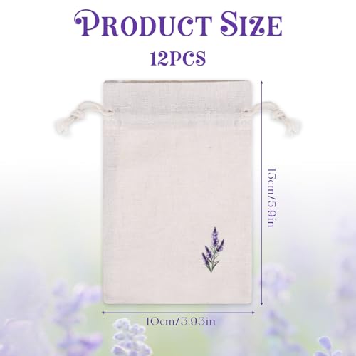 12 Pcs Lavender Embroidered Cotton Drawstring Bags - 4x6 Inch