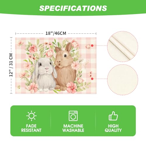 Artoid Mode Pink Buffalo Plaid Bunny Rabbit Placemats Set of 4