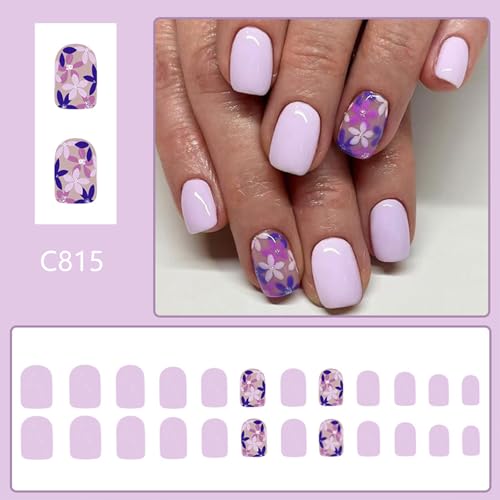 Short Square Floral Press On Nails Light Purple Glossy Acrylic Fake Nails