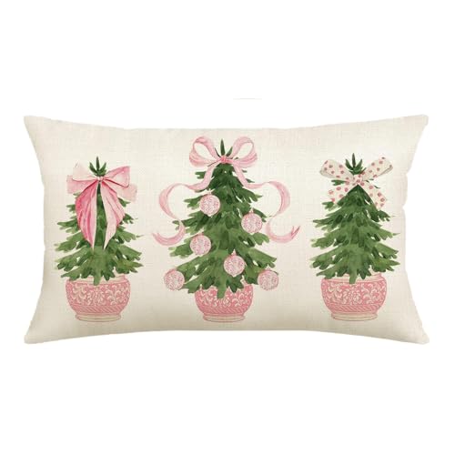 Pink Christmas Tree Throw Pillow Cover - 12x20 Inch Chinoiserie Design